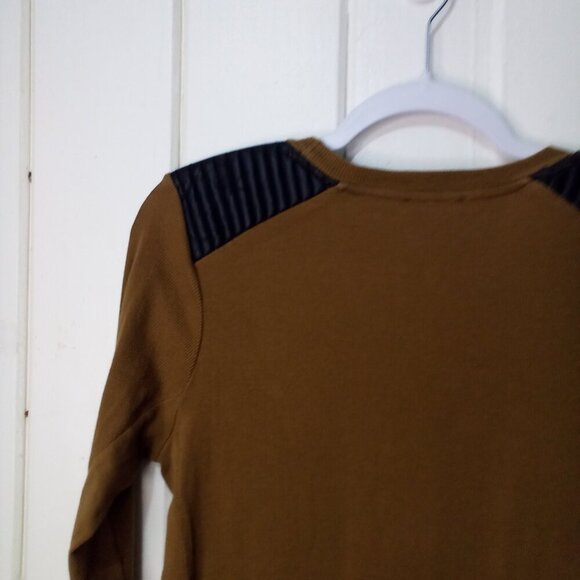 Zara Shirt Women L Long Sleeve Ribbed Faux Leather Shoulder Patch Brown Black - Picture 11 of 15